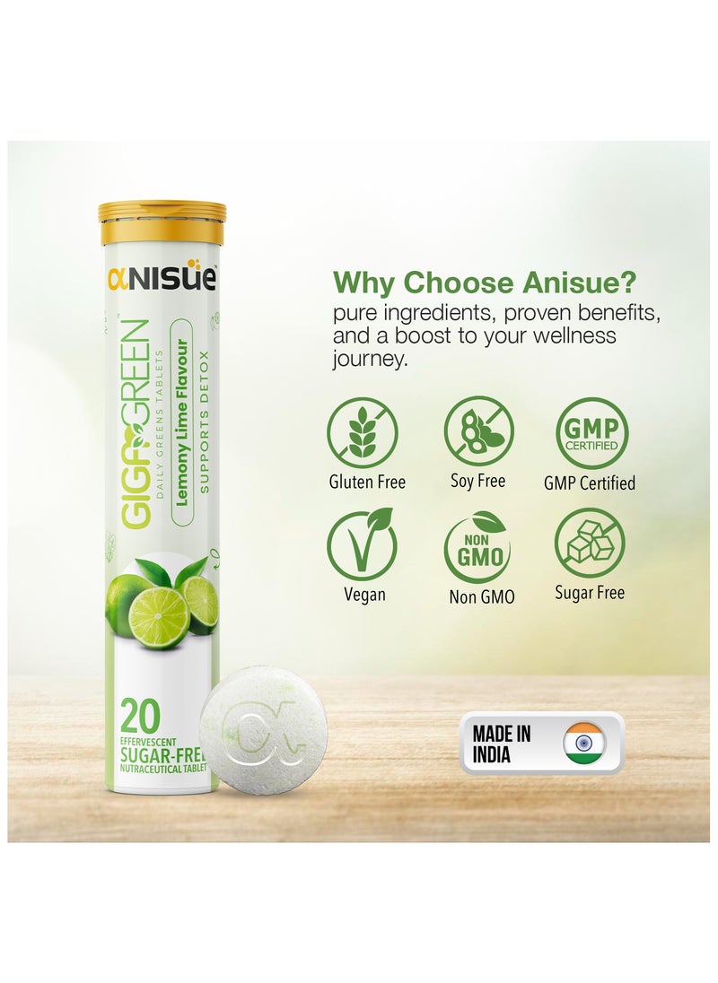 Anisue - Gigagreen Daily Greens Effervescent Tablets for Detox | Lemony Lime | 100% Vegan | Green Juice | Plant based with Vitamins C, B6 & B12 | Pack of 1 - 20 Tablets - Image 1