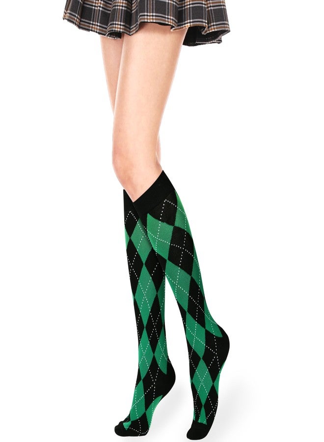 Violet Mist Women's Knee High Argyle Athletic Tube Socks - Casual Cotton Sports Long Socks, Black Green - Image 4