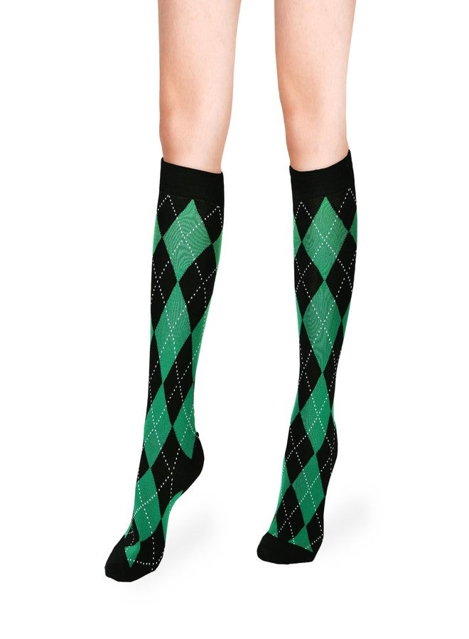 Violet Mist Women's Knee High Argyle Athletic Tube Socks - Casual Cotton Sports Long Socks, Black Green - Image 1