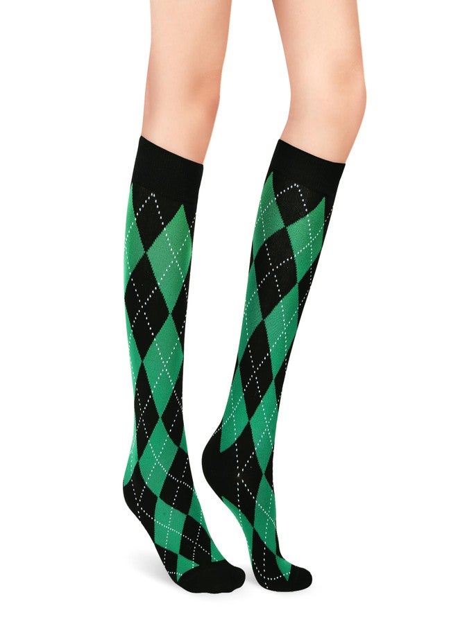 Violet Mist Women's Knee High Argyle Athletic Tube Socks - Casual Cotton Sports Long Socks, Black Green - Image 2