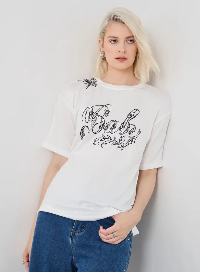 تايك تو Take Two Slogan Print Round Neck T-Shirt