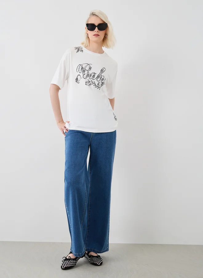 Take Two Take Two Slogan Print Round Neck T-Shirt