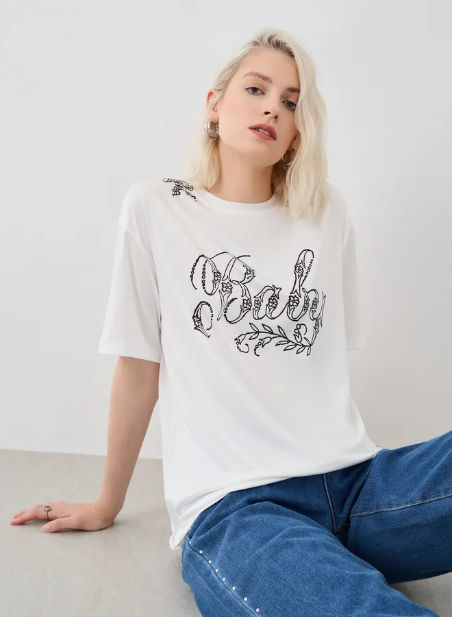 تايك تو Take Two Slogan Print Round Neck T-Shirt