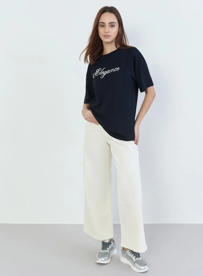 Styli Black Beaded Slogan Oversized T-Shirt