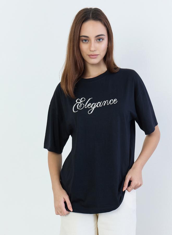 Styli Black Beaded Slogan Oversized T-Shirt - Image 3