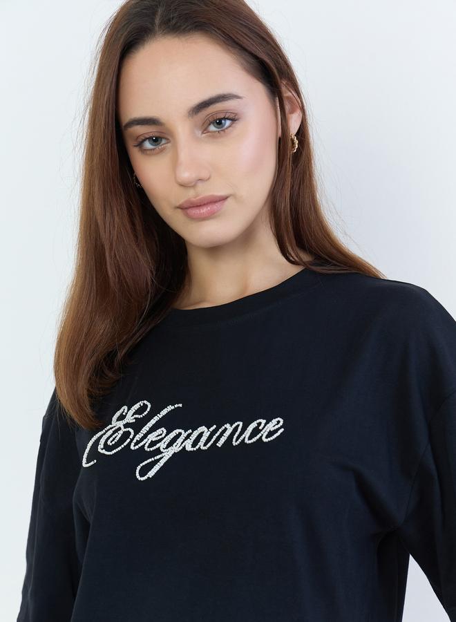 Styli Black Beaded Slogan Oversized T-Shirt - Image 4
