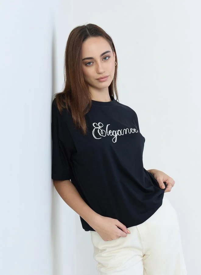 Black Beaded Slogan Oversized T-Shirt