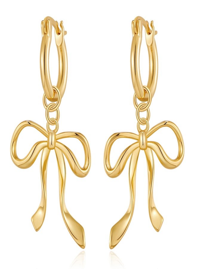 WOWORAMA Gold Bow Hoop Earrings for Women Long Ribbon Bow Earrings Detachable Gold Bow Dangle Drop Earrings Jewelry for Women - Image 1