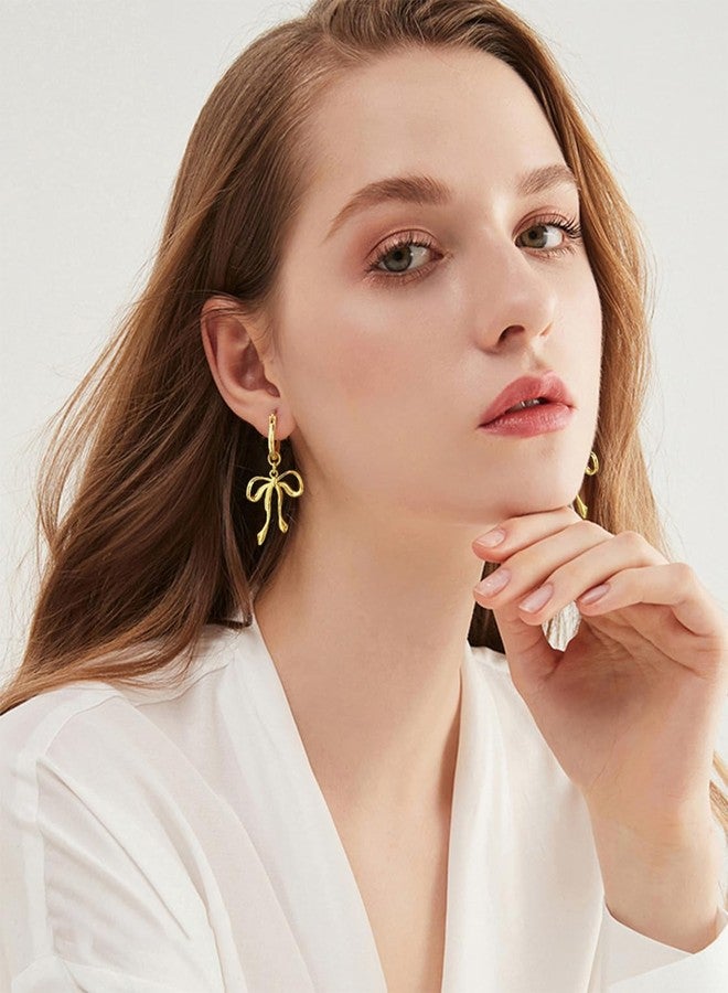 WOWORAMA Gold Bow Hoop Earrings for Women Long Ribbon Bow Earrings Detachable Gold Bow Dangle Drop Earrings Jewelry for Women - Image 2