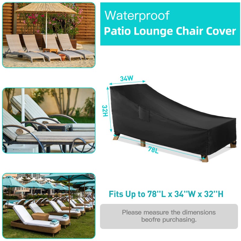 WLEAFJ Patio Chaise Lounge Cover Waterproof, Heavy Duty Outdoor Lounge Chair Covers, Black Durable Patio Furniture Covers, 78L x 34W x 32H inch - Image 2
