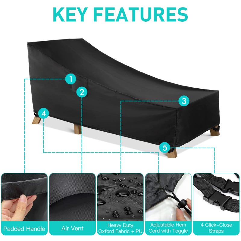 WLEAFJ Patio Chaise Lounge Cover Waterproof, Heavy Duty Outdoor Lounge Chair Covers, Black Durable Patio Furniture Covers, 78L x 34W x 32H inch - Image 3