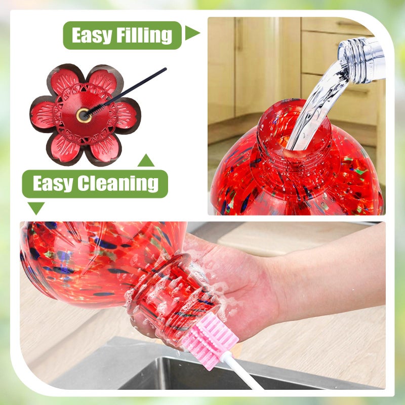 BOLITE Hummingbird Feeder, Hand Blown Glass Hummingbird Feeders for Outdoors Hanging, with Ant Moat and 5 Feeding Ports, 22 Ounces, Peony Flower Shape, Red, Gifts for Women Men, Gifts for Mom Dad - Image 5