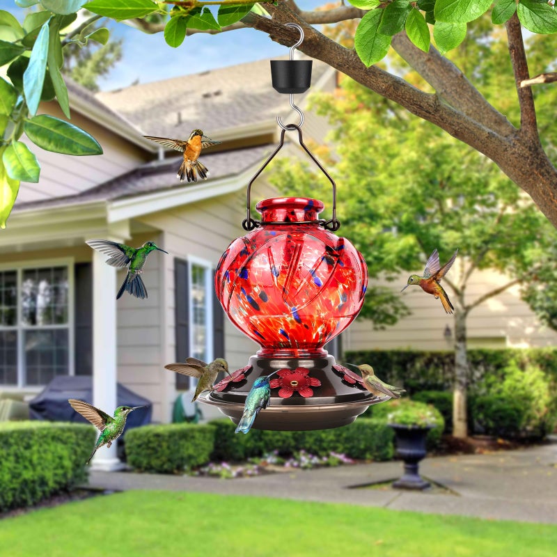 BOLITE Hummingbird Feeder, Hand Blown Glass Hummingbird Feeders for Outdoors Hanging, with Ant Moat and 5 Feeding Ports, 22 Ounces, Peony Flower Shape, Red, Gifts for Women Men, Gifts for Mom Dad - Image 2