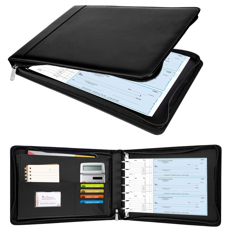 Antner Zippered 7 Ring Business Checkbook Binder Portfolio for 3-on-a-Page Business Checks, 600 Checks Capacity, PU Leather Check Book Binder Cover for 9x13 Sheets, Built-in Storage Organizer, Black - Image 1