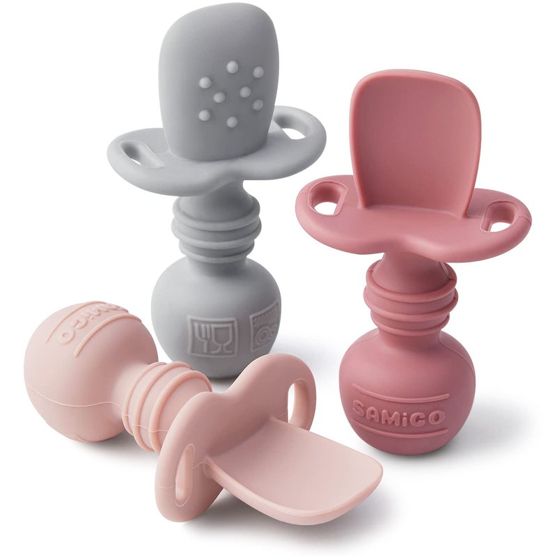 SAMiGO Silicone Baby Spoons Self Feeding 6+ Months - Infant Toddler Utensils - First Stage Baby Led Weaning Feeding Supplies - Set of 3 Pack - Image 1