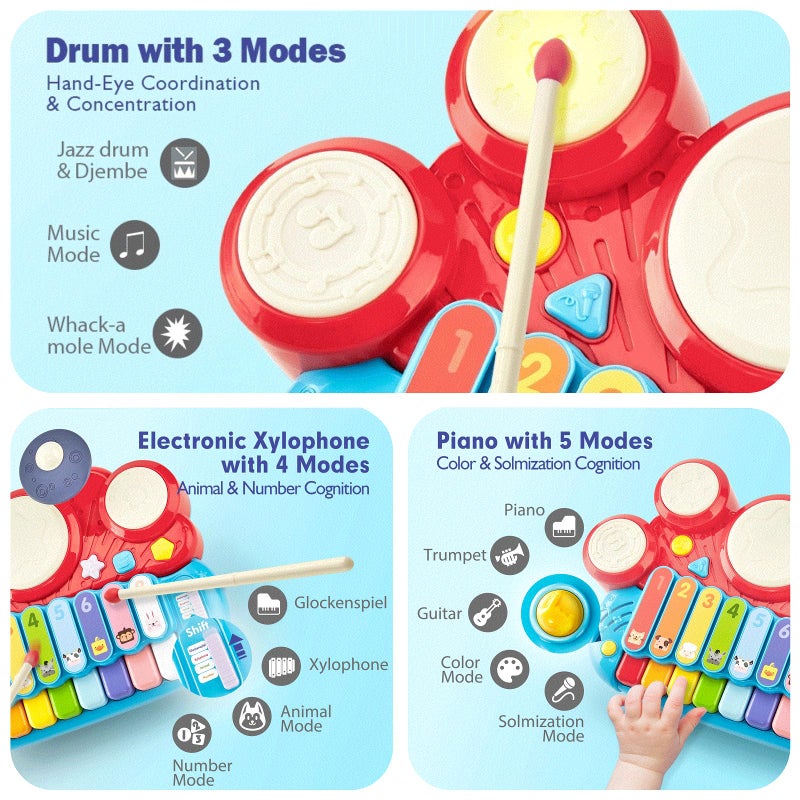 hahaland Baby Musical Toys, 3 in 1 Piano Keyboard Xylophone Drum Set for 1 Year Old Girls Toys, Learning Toys for Toddlers 1-3, Baby Piano 18 Months - 1 2 3 4 Year Old Girl Toys Toddler - Image 4
