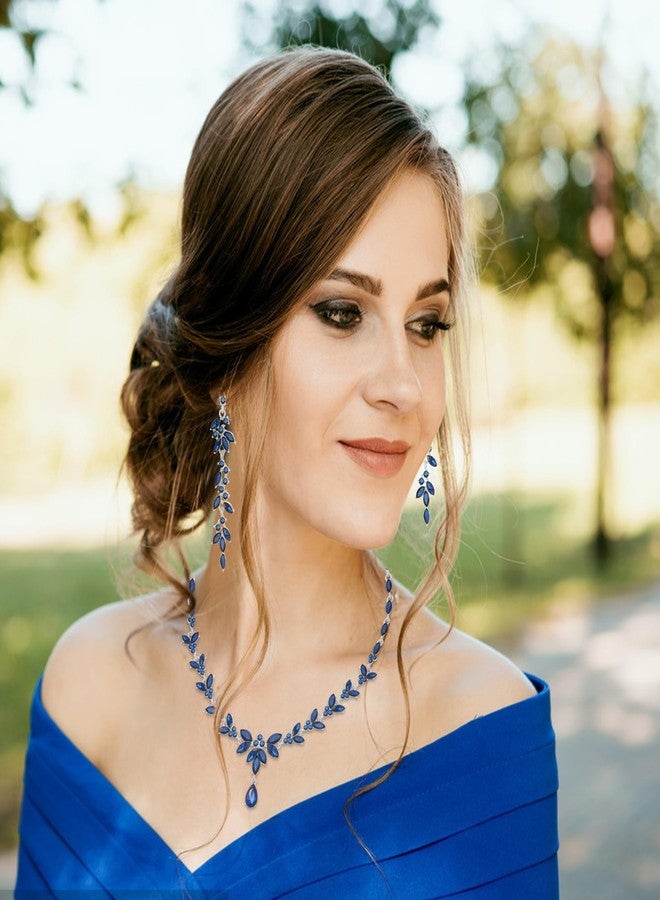 Paxuan Wedding Jewelry Sets for Bride Bridesmaid Bridal Jewelry Set for Women Wedding Crystal Necklace Earrings Bracelet Set for Party Prom Jewelry (Sapphire Blue - Silver) - Image 2