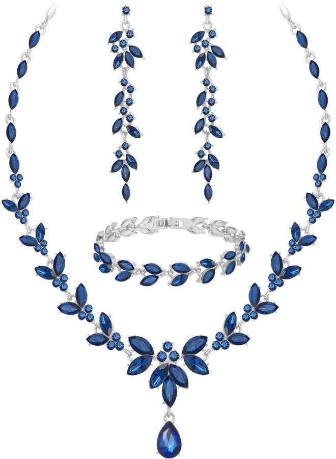 Paxuan Wedding Jewelry Sets for Bride Bridesmaid Bridal Jewelry Set for Women Wedding Crystal Necklace Earrings Bracelet Set for Party Prom Jewelry (Sapphire Blue - Silver) - Image 1