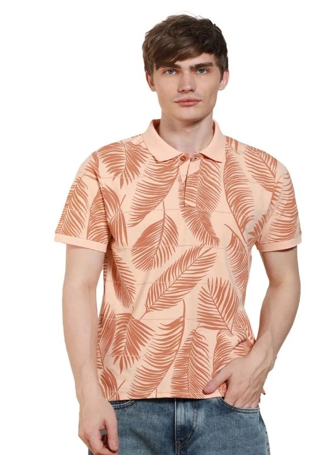 دينيس لينغو Men's Peach Cotton Blend Printed Regular Fit T-Shirt