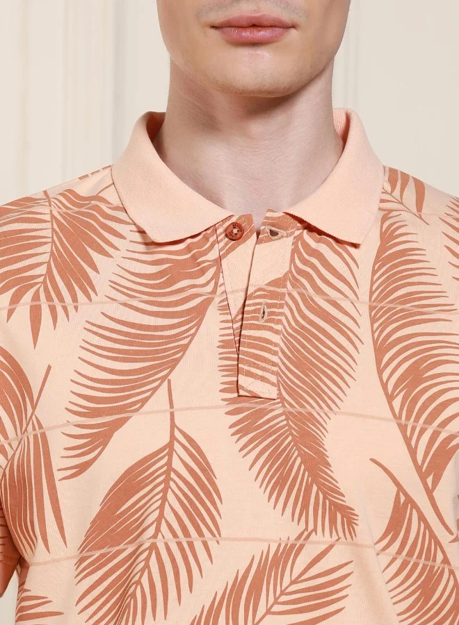 دينيس لينغو Men's Peach Cotton Blend Printed Regular Fit T-Shirt