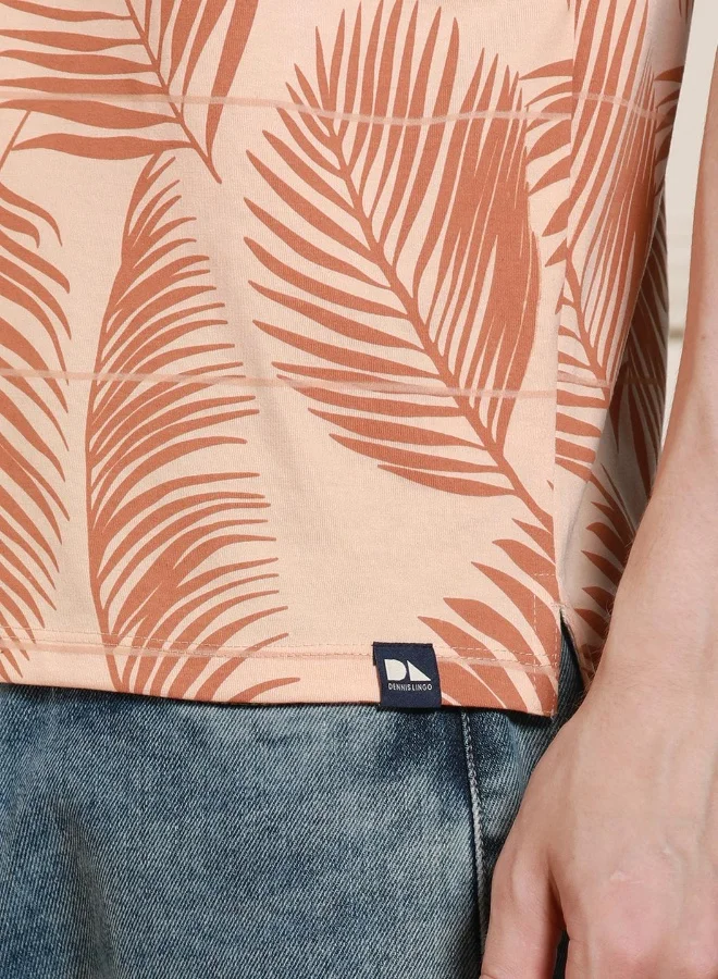 دينيس لينغو Men's Peach Cotton Blend Printed Regular Fit T-Shirt