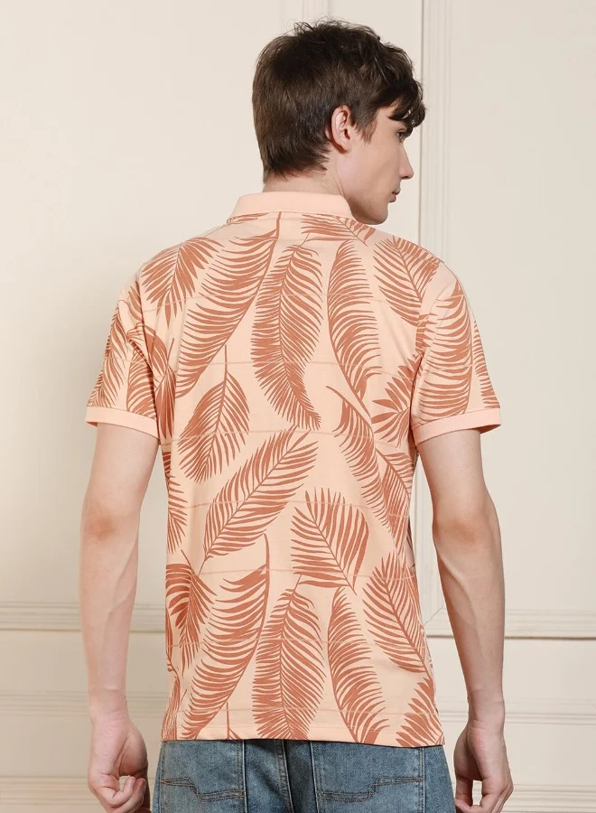 دينيس لينغو Men's Peach Cotton Blend Printed Regular Fit T-Shirt