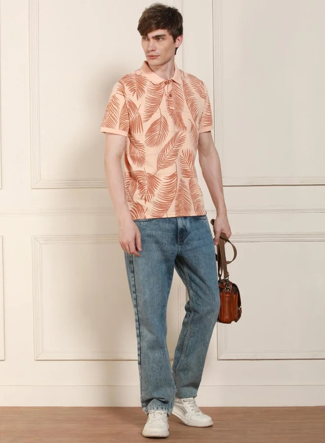 دينيس لينغو Men's Peach Cotton Blend Printed Regular Fit T-Shirt