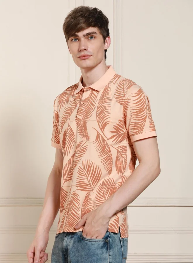 دينيس لينغو Men's Peach Cotton Blend Printed Regular Fit T-Shirt