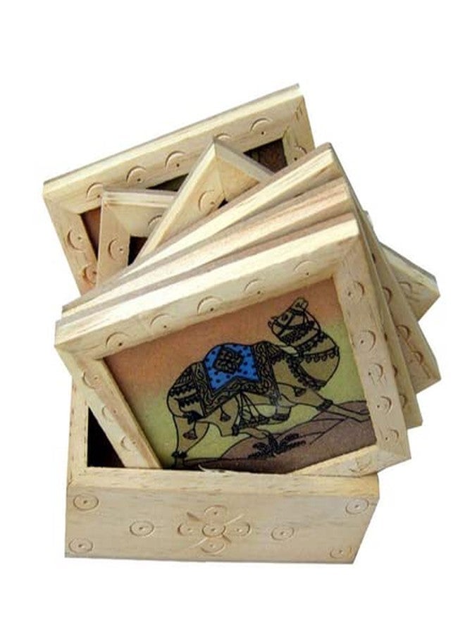 Art Bundle The Art Bundle Wooden Handcrafted Laser Cut Coasters Set for Dining Table Cum Tea Coasters Square with Stand -3.8 x 3.8 inch, 6 Piece Set - (Brown, Set of 6 with Stand) - Image 1