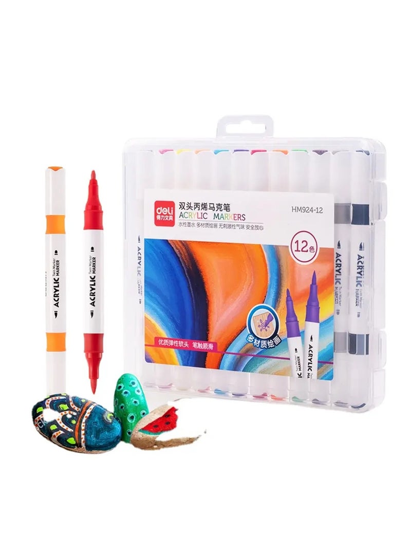 Deli 12-Piece Dual Tip Acrylic Markers Multicolour - Image 1