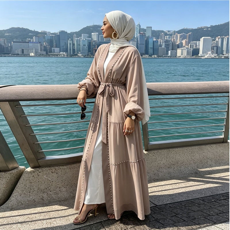 monica fashion Fashion Chiffon Long Beaded Cardigan - Image 1