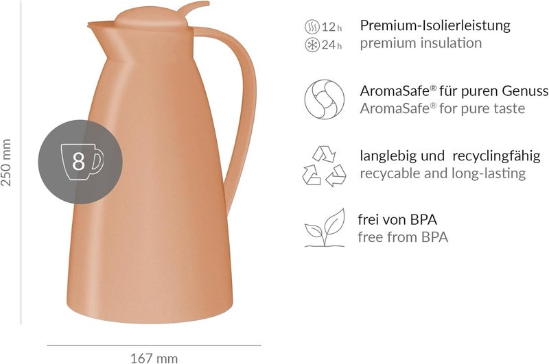 Alfi ECO 1.0 L, Apricot, Insulated Jug with Hygienic Tempered Glass Insert Made of Plastic, Screw Cap with Comfortable Push Button, Pouring with One Hand, Ideal as a Coffee Pot, Teapot, BPA-Free - Image 5