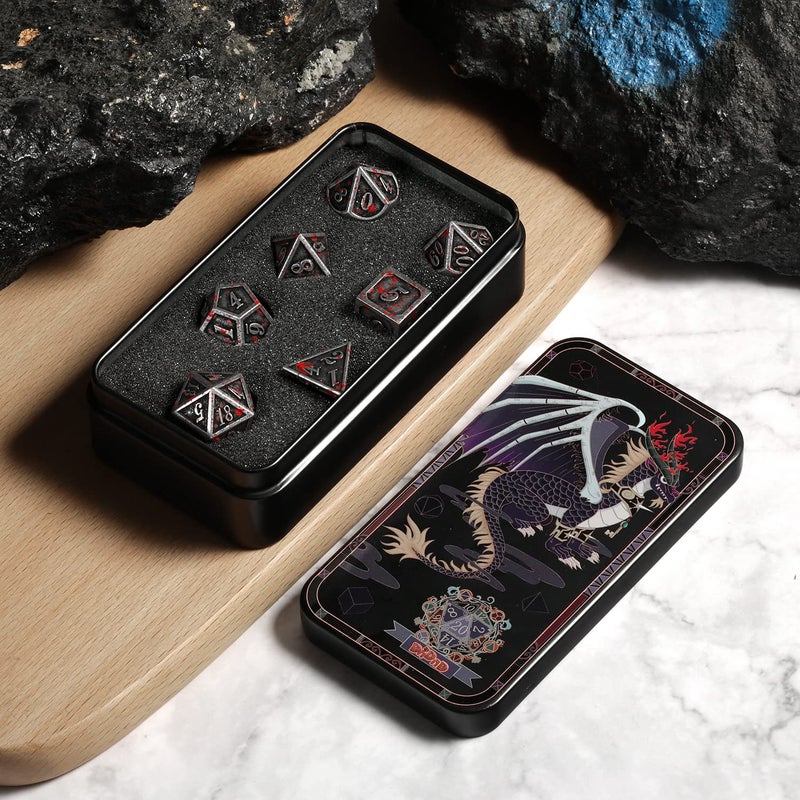 DNDND Acient Silver Bloodstained Metal Dice Set DND, DNDND 7PCS Metallic Halloween Die with Metal Case for Dungeons and Dragons Tabletop Games - Image 2