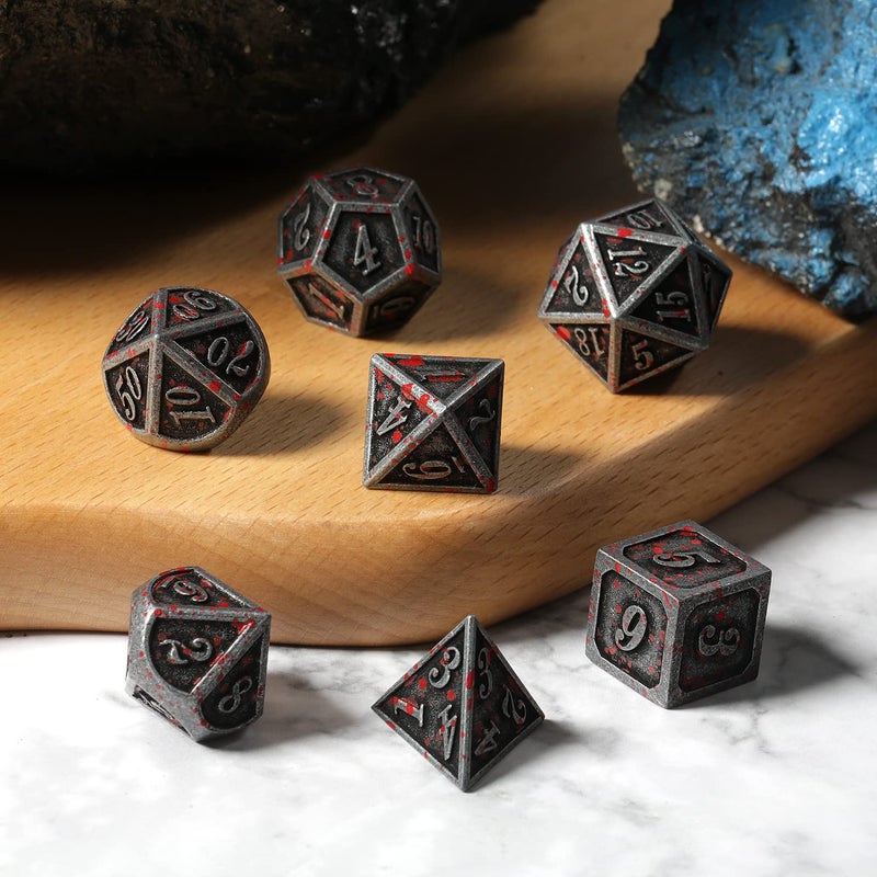 DNDND Acient Silver Bloodstained Metal Dice Set DND, DNDND 7PCS Metallic Halloween Die with Metal Case for Dungeons and Dragons Tabletop Games - Image 3