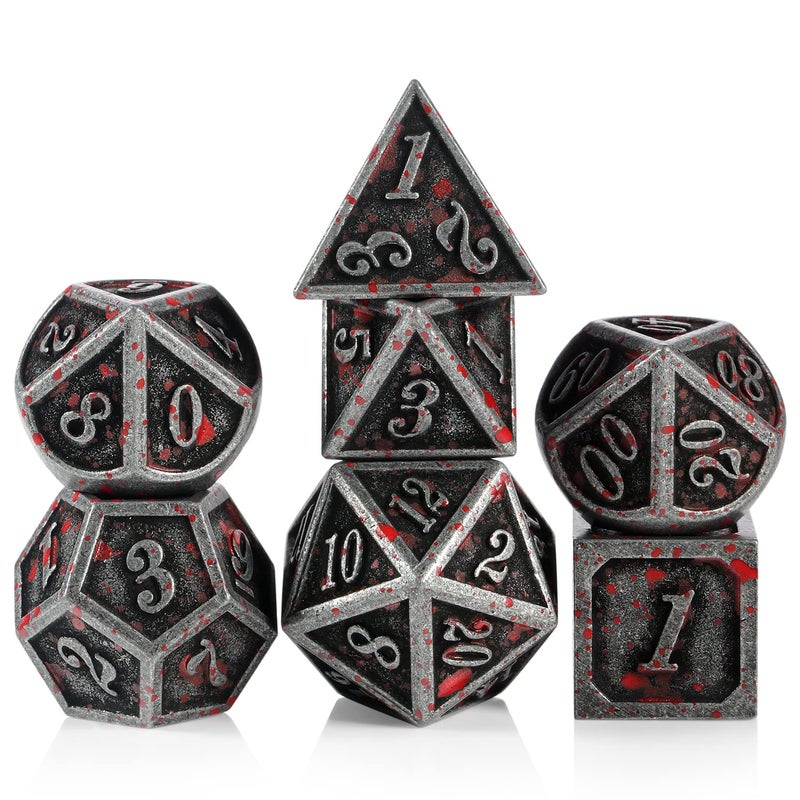 DNDND Acient Silver Bloodstained Metal Dice Set DND, DNDND 7PCS Metallic Halloween Die with Metal Case for Dungeons and Dragons Tabletop Games - Image 1