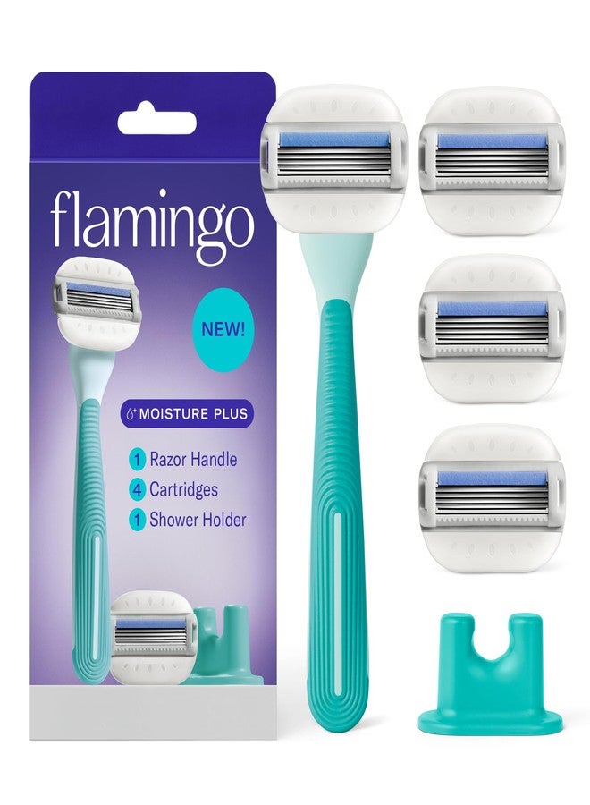 Flamingo Moisture Plus Women's Razor Set - Razor Handle, 4 Blade Refills, Shower Holder - Seafoam - Image 1