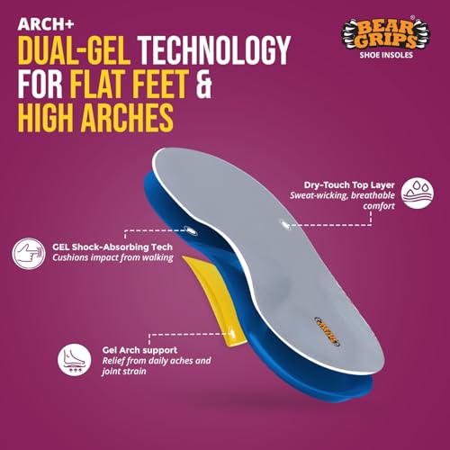 BEAR GRIPS Orthotic Shoe Insoles for Flat Feet, High Arches & Plantar Fasciitis – Dual Gel Arch Support for Pain Relief – Arch+ Insoles | Men & Women| UK Size 9 to 12 - Image 2