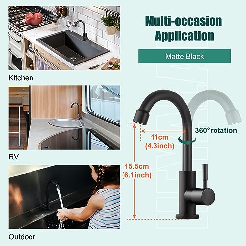 Heyalan Cold Water Only Kitchen Faucet Single Handle 1 Hole Deck Mount SUS304 Stainless Steel Sink Bar Tap Goose Neck,8.3inch,Matte Black - Image 5
