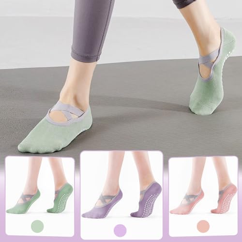 BendJoy 3Pairs Non Slip Yoga Socks for Women - Breathable Cotton Anti Skid Pilates Casual Grip Socks for Yoga, Ballet, Barefoot Workout, 4.5-7.5 UK, Purple - Image 2