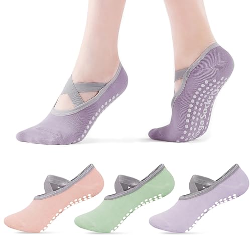 BendJoy 3Pairs Non Slip Yoga Socks for Women - Breathable Cotton Anti Skid Pilates Casual Grip Socks for Yoga, Ballet, Barefoot Workout, 4.5-7.5 UK, Purple - Image 1