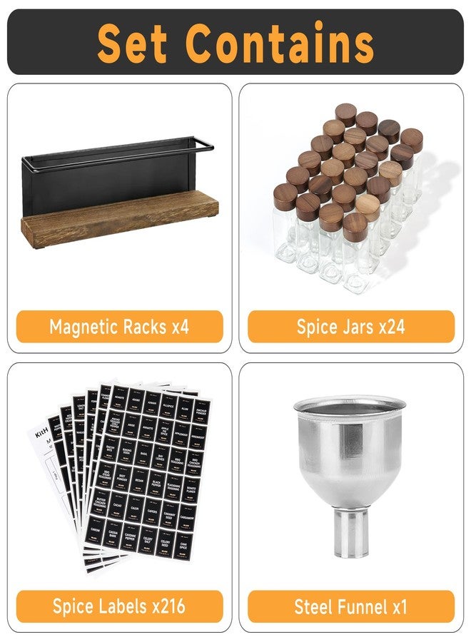 KitHero Wooden Lid Magnetic Spice Rack with 24 Jars, 216 Labels, 1 Steel Funnel for Refrigerator，Microwave Oven - Full Set of Spice Organizer - Image 2