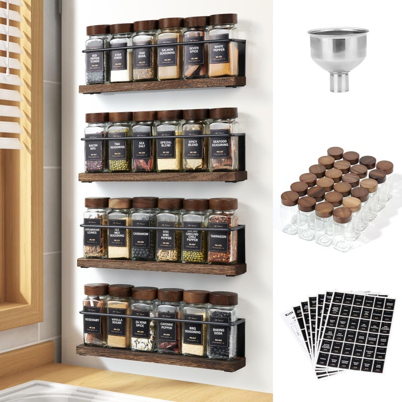 KitHero Wooden Lid Magnetic Spice Rack with 24 Jars, 216 Labels, 1 Steel Funnel for Refrigerator，Microwave Oven - Full Set of Spice Organizer - Image 1