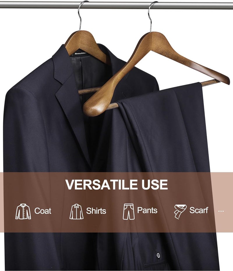 HOUSE DAY 4-Pack Wide Shoulder Wooden Hangers,Walnut Suit Hangers with Non Slip Pants Bar, Smooth Finish 360° Swivel Hook Solid Wood Coat Hangers for Dress, Jacket, Pants, Heavy Clothes Hangers - Image 5