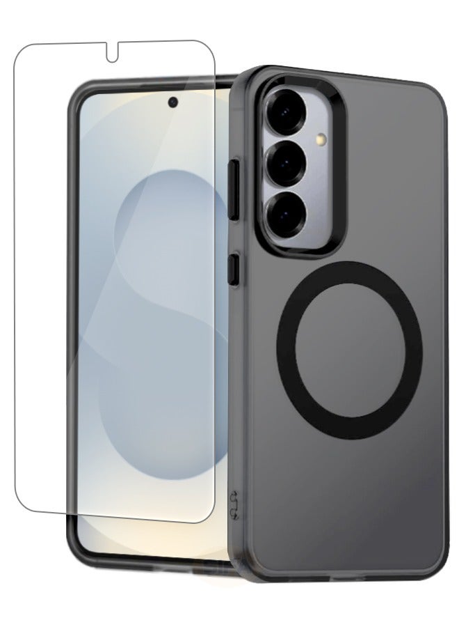 Samsung Galaxy S25 Case with HD Tempered Glass Screen Protector, Skin Friendly Frosted Case, [Compatible with Magsafe][Anti-Drop Shockproof][Anti-Slip][No Yellowing] Slim Hard Case for Samsung Galaxy S25 6.2 inch,(Translucent Black, 1+1 Pack) - Image 1