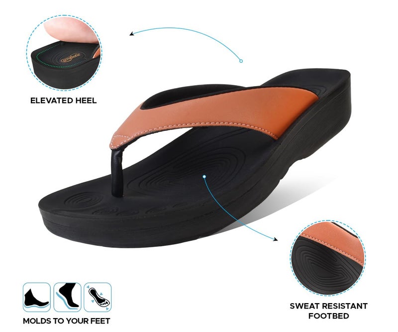 AEROTHOTIC Comfy Flip Flops for Women with Arch Support Orthotic Footbed Stylish Faux Leather Padded Straps with Soft Toe Post & Non-Slip Sole Slip On Casual Indoor and Outdoor Ladies Sandals (Flumen Peach, Size 8) - Image 4