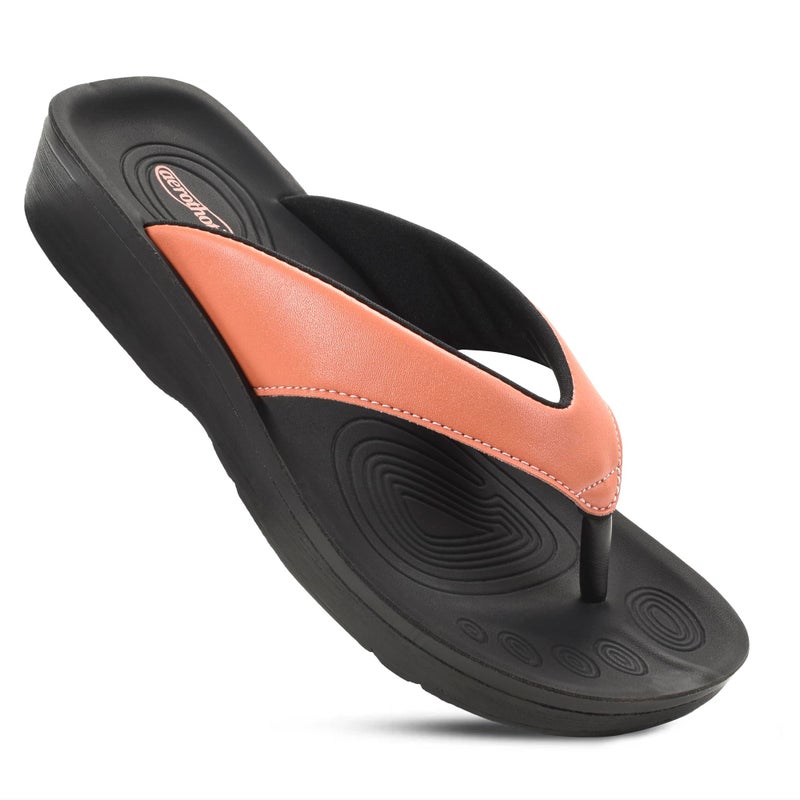 AEROTHOTIC Comfy Flip Flops for Women with Arch Support Orthotic Footbed Stylish Faux Leather Padded Straps with Soft Toe Post & Non-Slip Sole Slip On Casual Indoor and Outdoor Ladies Sandals (Flumen Peach, Size 8) - Image 1