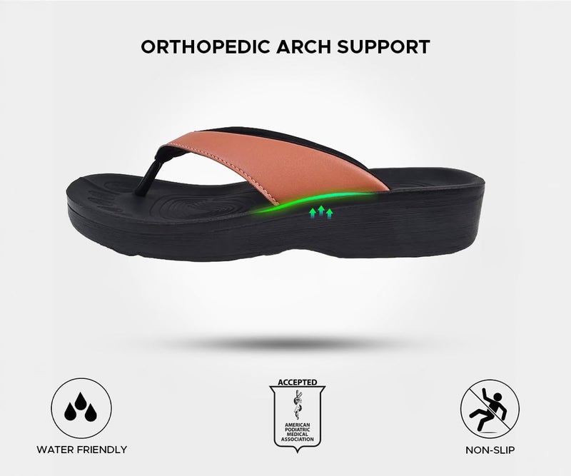 AEROTHOTIC Comfy Flip Flops for Women with Arch Support Orthotic Footbed Stylish Faux Leather Padded Straps with Soft Toe Post & Non-Slip Sole Slip On Casual Indoor and Outdoor Ladies Sandals (Flumen Peach, Size 8) - Image 5