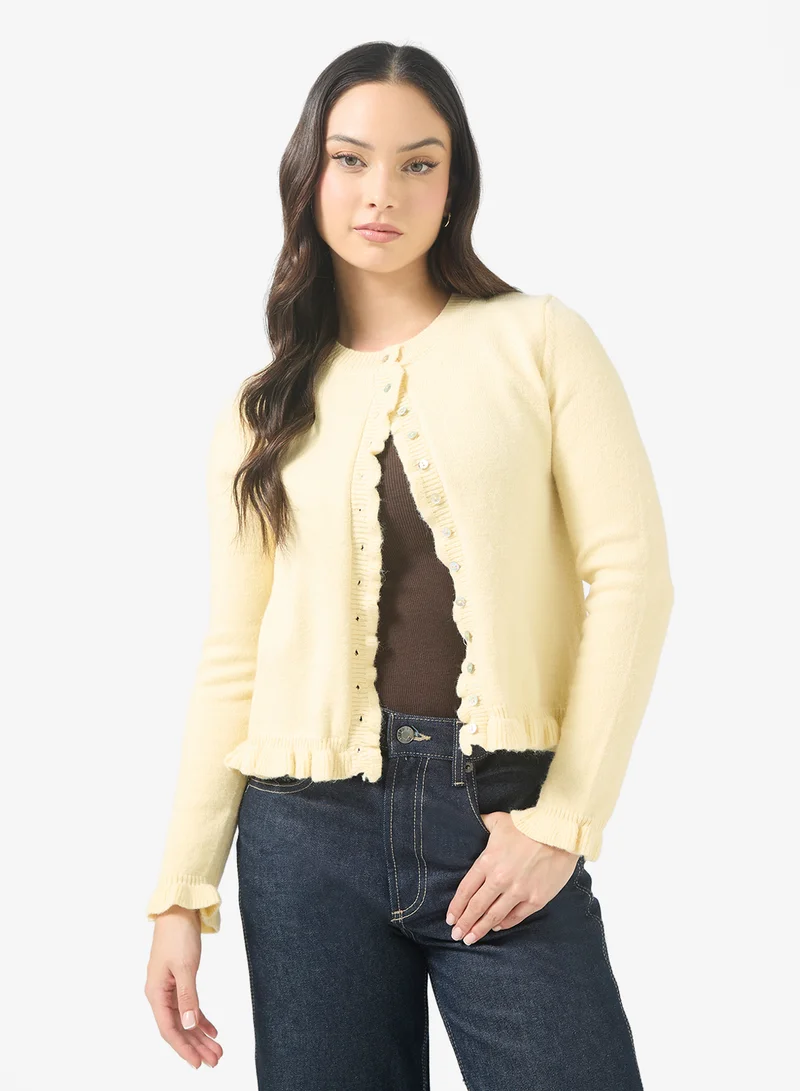 Ginger Slim Fit Button Down Cardigan with Frill Detail