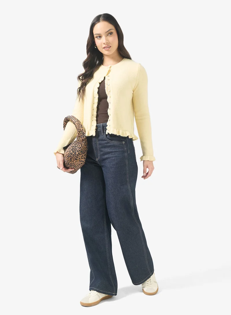 Ginger Slim Fit Button Down Cardigan with Frill Detail