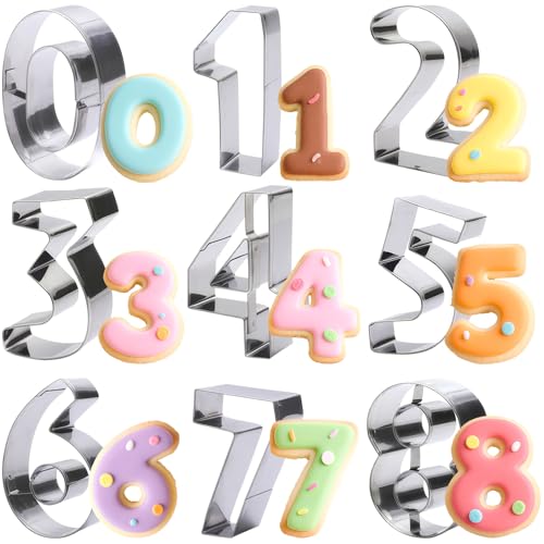 ofone Large Number Cookie Cutters (0-9), 3 Inches Stainless Steel Fondant Cutter Set, 9pcs Numbers Biscuit Molds for Baking Cake Clay - Image 1